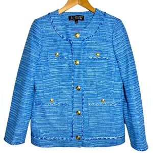 J. Crew Long Lady Jacket in Bright Peri Blue Sequin Tweed Gold Buttons Size 8